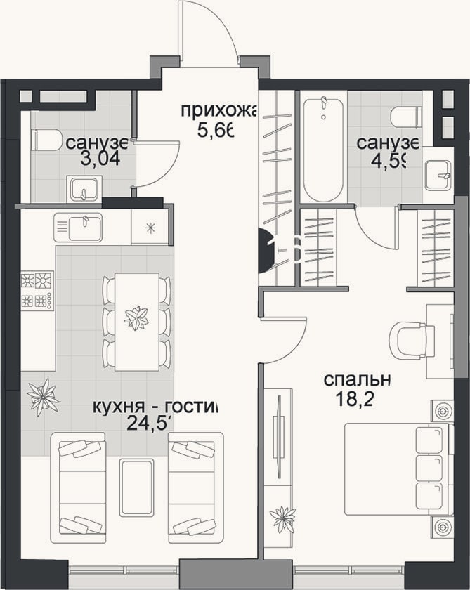 Планировка: 2-к, 56 м²