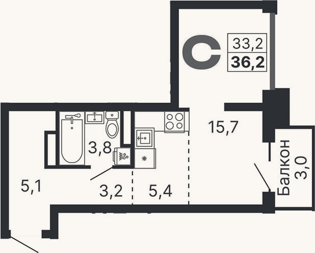 Планировка: Студия, 33,2 м²