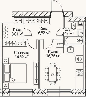 Планировка: 1-к, 44,6 м²