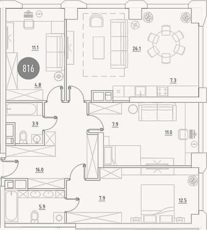 Планировка: 4+ к, 114,4 м²