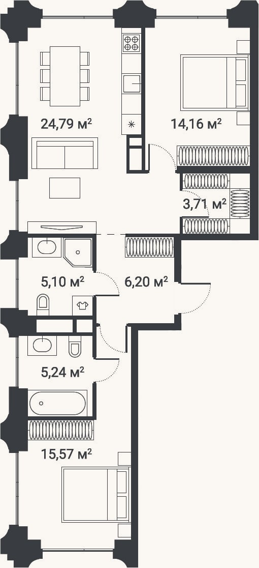 Планировка: 3-к, 72,8 м²
