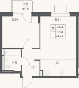Планировка: 2-к, 43,7 м²