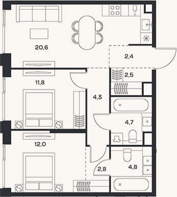 Планировка: 3-к, 65,9 м²