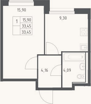 Планировка: 1-к, 33,5 м²