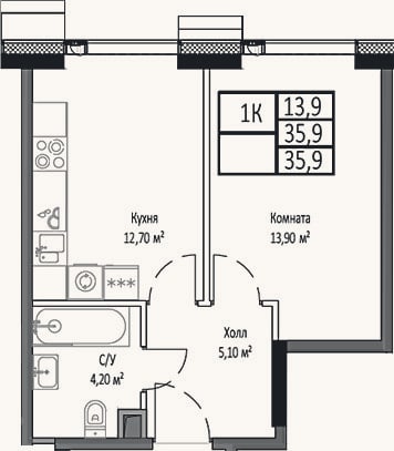 Планировка: 1-к, 35,9 м²