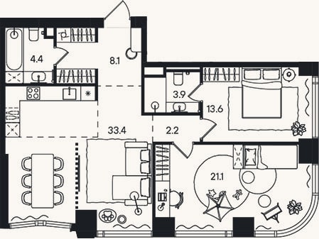 Планировка: 3-к, 86,7 м²