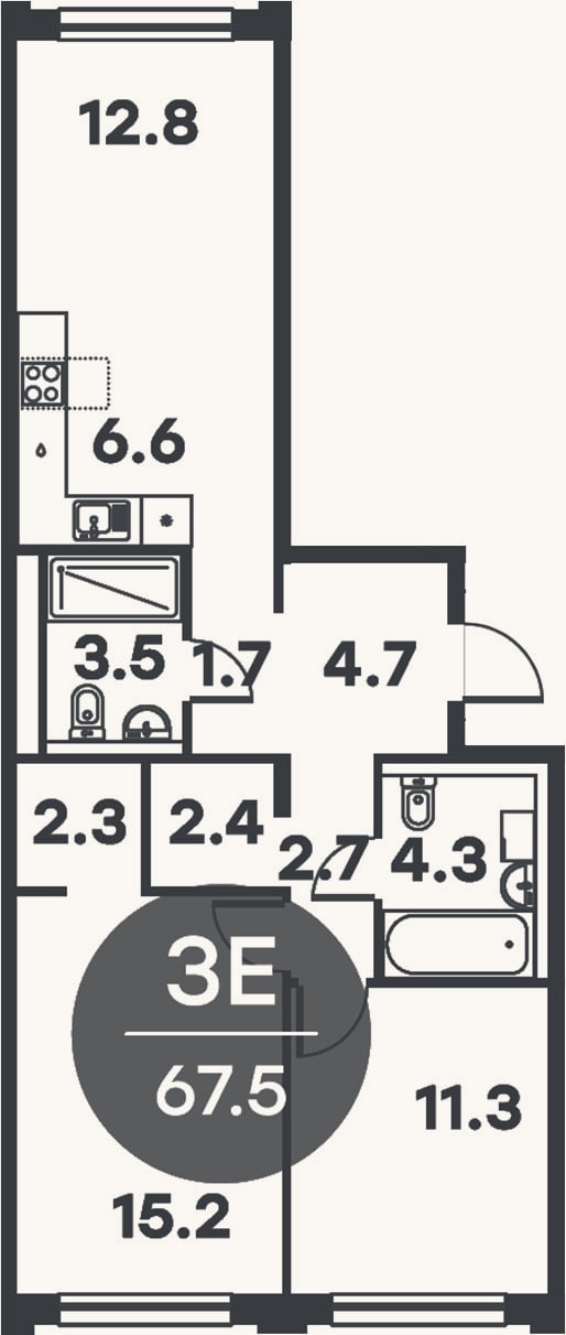 Планировка: 3-к, 67,5 м²