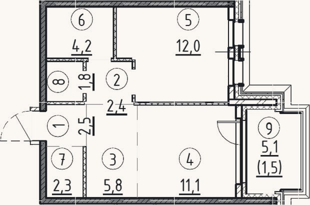Планировка: 1-к, 45,7 м²