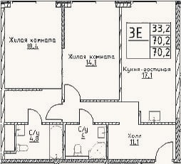 Планировка: 3-к, 70,2 м²
