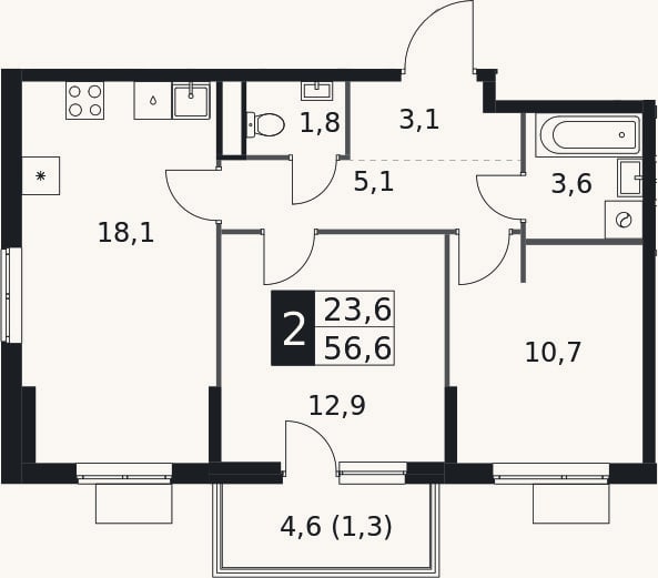 Планировка: 2-к, 55,3 м²