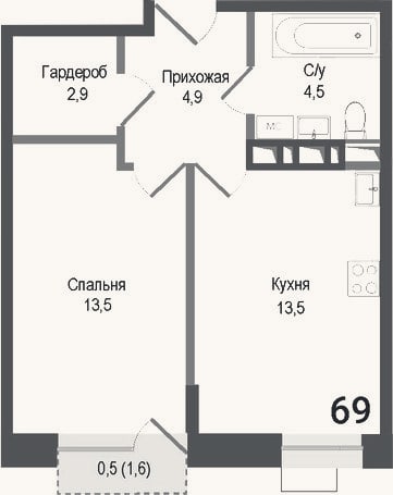 Планировка: 1-к, 39,3 м²