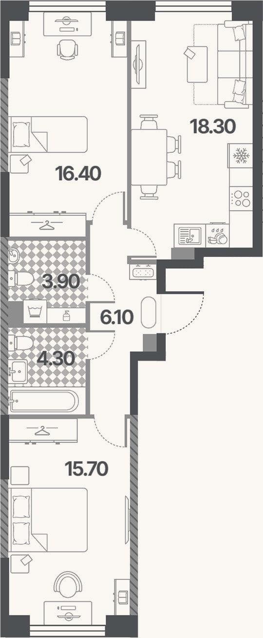 Планировка: 3-к, 64,7 м²