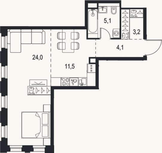 Планировка: 1-к, 47,9 м²