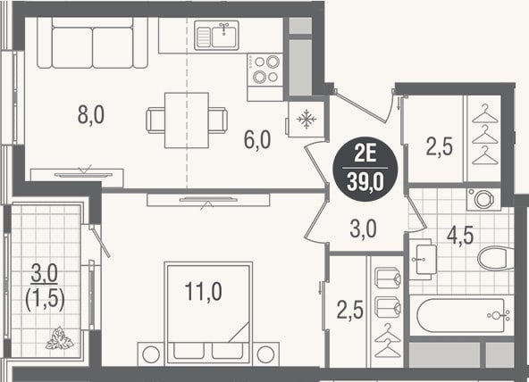 Планировка: 2-к, 37,5 м²