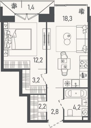 Планировка: 2-к, 42,9 м²