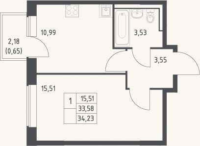 Планировка: 1-к, 33,6 м²