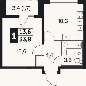 Планировка: 1-к, 32,1 м²
