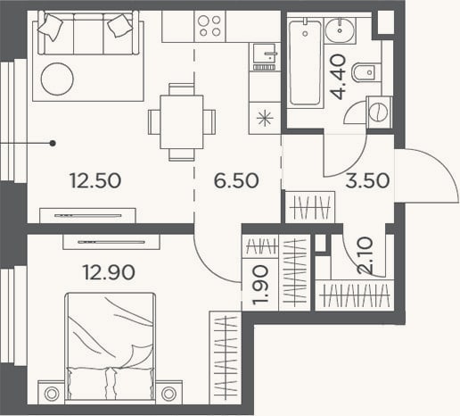 Планировка: 2-к, 43,8 м²