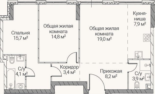Планировка: 3-к, 77 м²