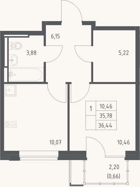 Планировка: 1-к, 35,8 м²