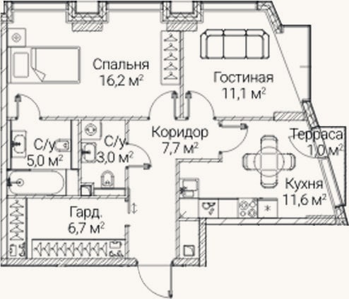 Планировка: 2-к, 61,3 м²