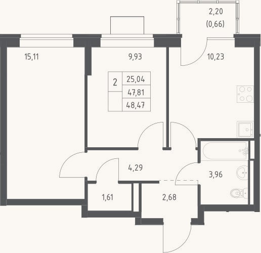 Планировка: 2-к, 47,8 м²