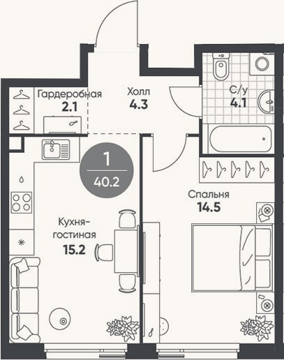 Планировка: 2-к, 40,2 м²