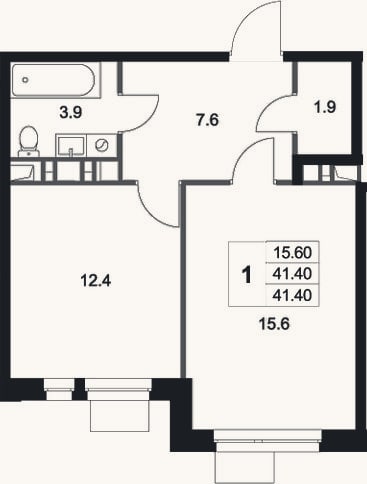Планировка: 1-к, 41,4 м²