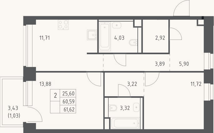 Планировка: 2-к, 60,6 м²