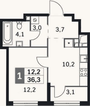 Планировка: 1-к, 33,2 м²
