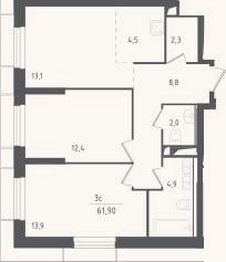 Планировка: 3-к, 61,9 м²