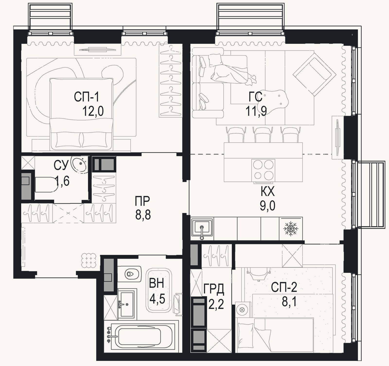 Планировка: 3-к, 58,1 м²