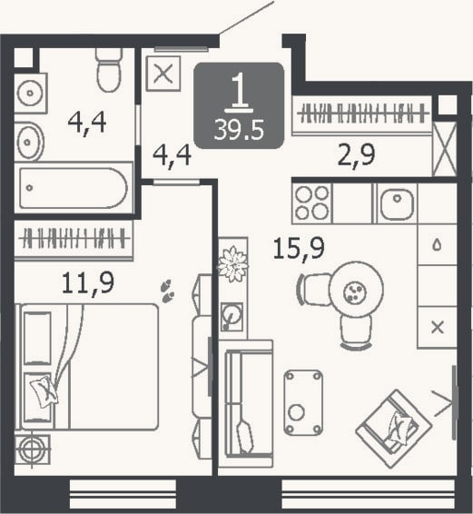Планировка: 2-к, 39,5 м²
