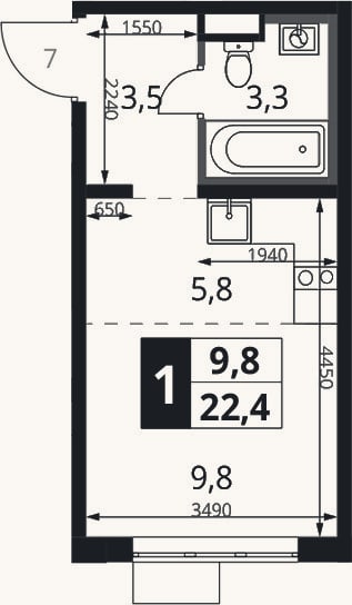 Планировка: Студия, 22,4 м²