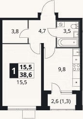 Планировка: 1-к, 37,3 м²
