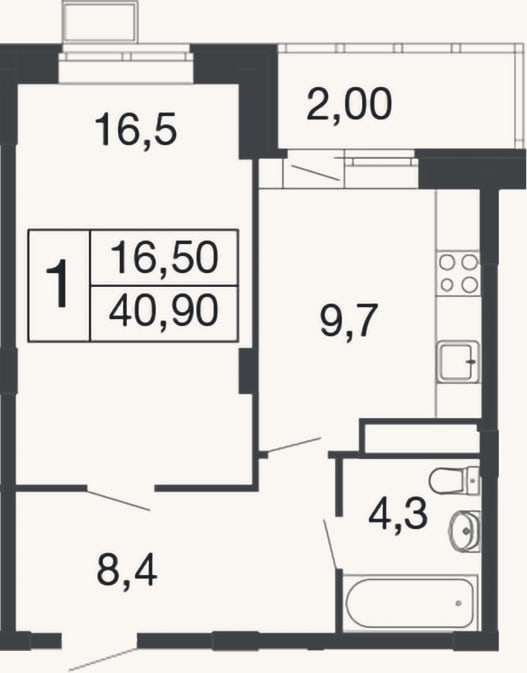 Планировка: 1-к, 38,9 м²