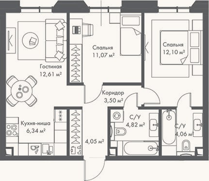 Планировка: 3-к, 58,6 м²