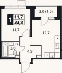 Планировка: 1-к, 32,3 м²