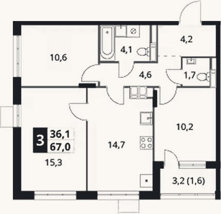 Планировка: 3-к, 65,4 м²