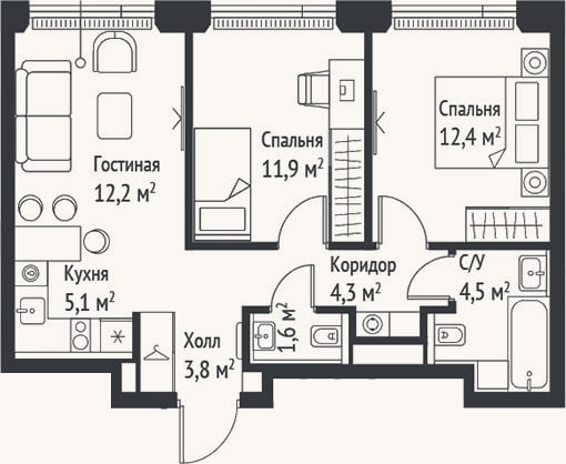 Планировка: 3-к, 55,7 м²