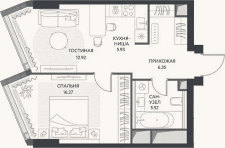 Планировка: 2-к, 46,9 м²