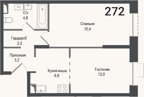 Планировка: 2-к, 45,5 м²
