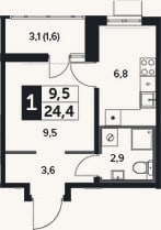 Планировка: 1-к, 22,8 м²