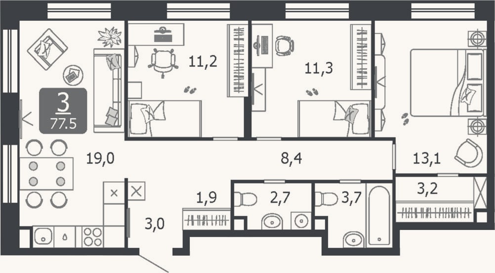 Планировка: 4+ к, 77,5 м²