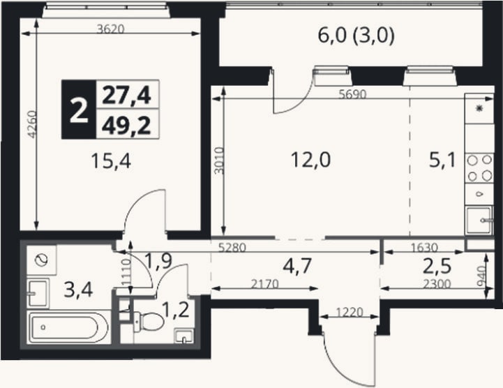 Планировка: 2-к, 46,2 м²