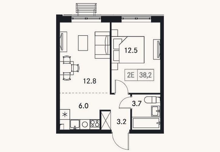 Планировка: 2-к, 38,2 м²