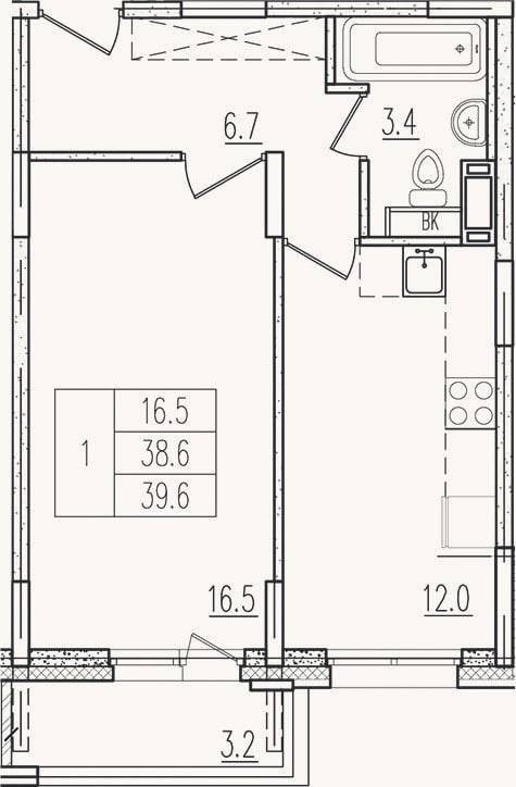 Планировка: 1-к, 38,6 м²
