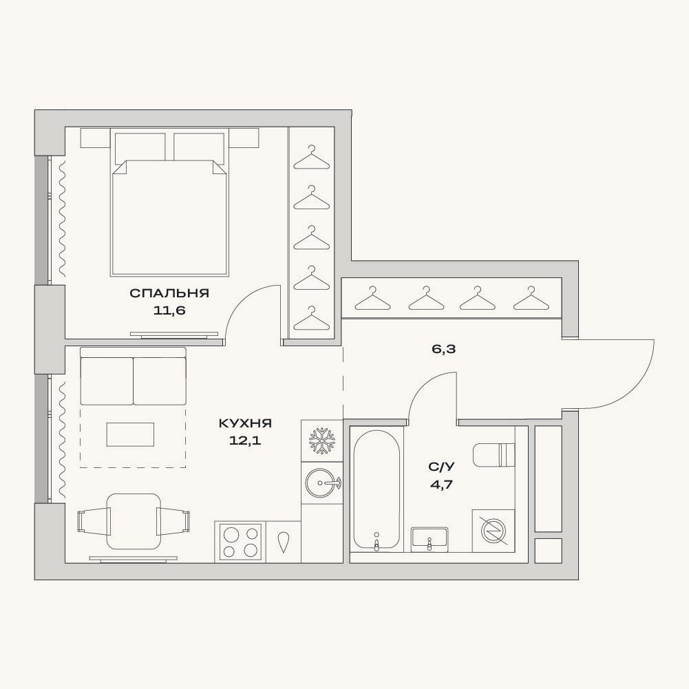 Планировка: 1-к, 34,7 м²