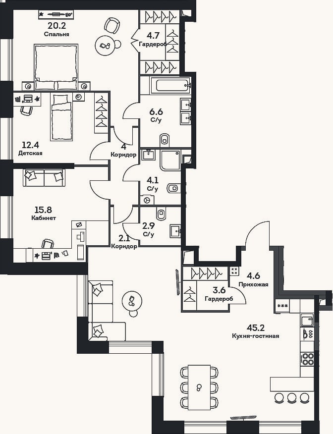 Планировка: 4+ к, 126,2 м²