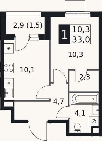 Планировка: 1-к, 31,5 м²